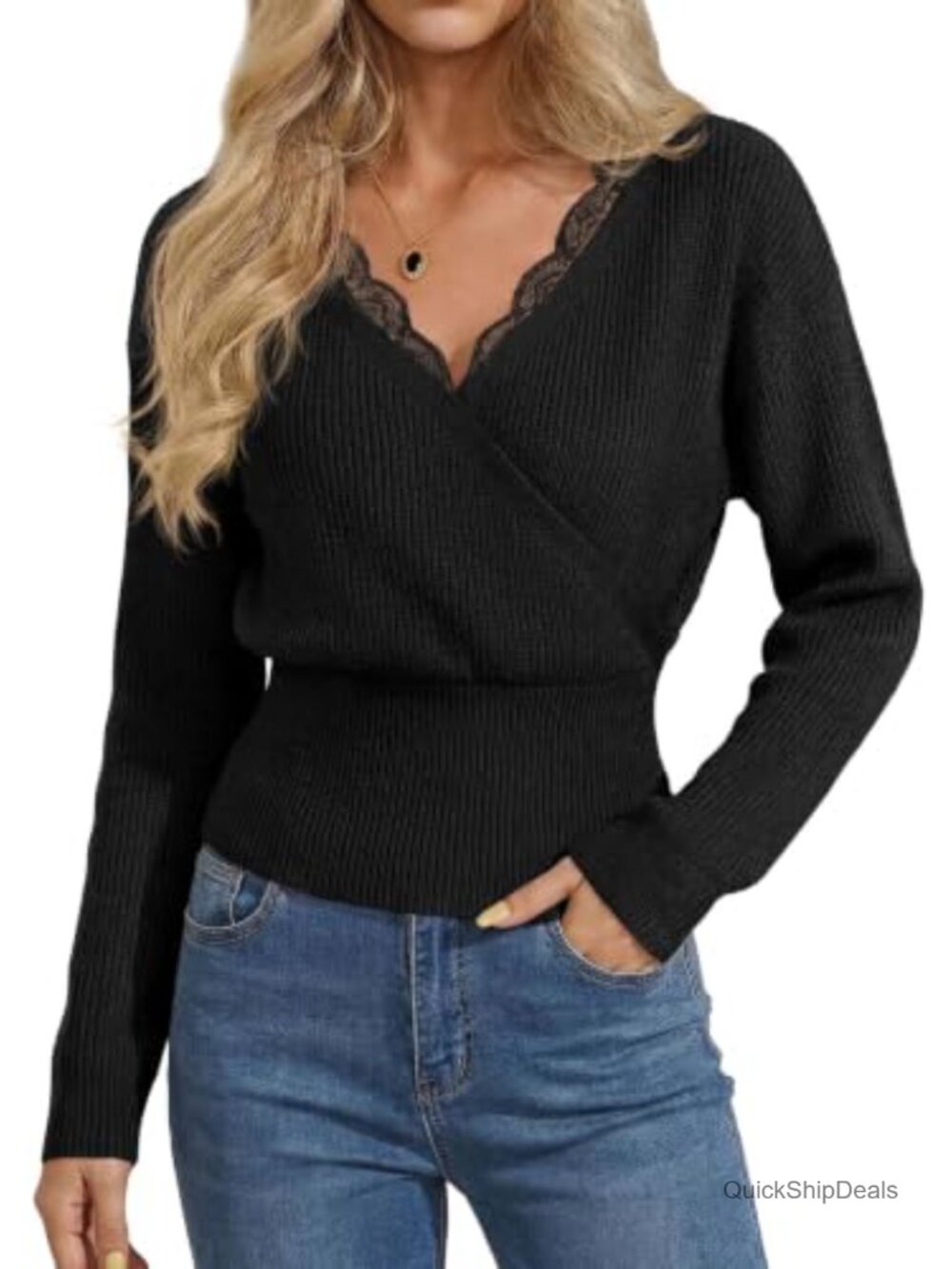 Women's Lace Trim V Neck Wrap Cropped Sweater Ribbed Knit Fitted Top